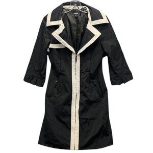 Bebe Trench Coat Women’s S Black‎ White MOD Colorblock Long Belted Jacket